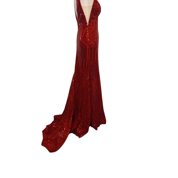 Glamorous Red Sequin Shiny V-Neck Mermaid Maxi Dress - Picture 9 of 13